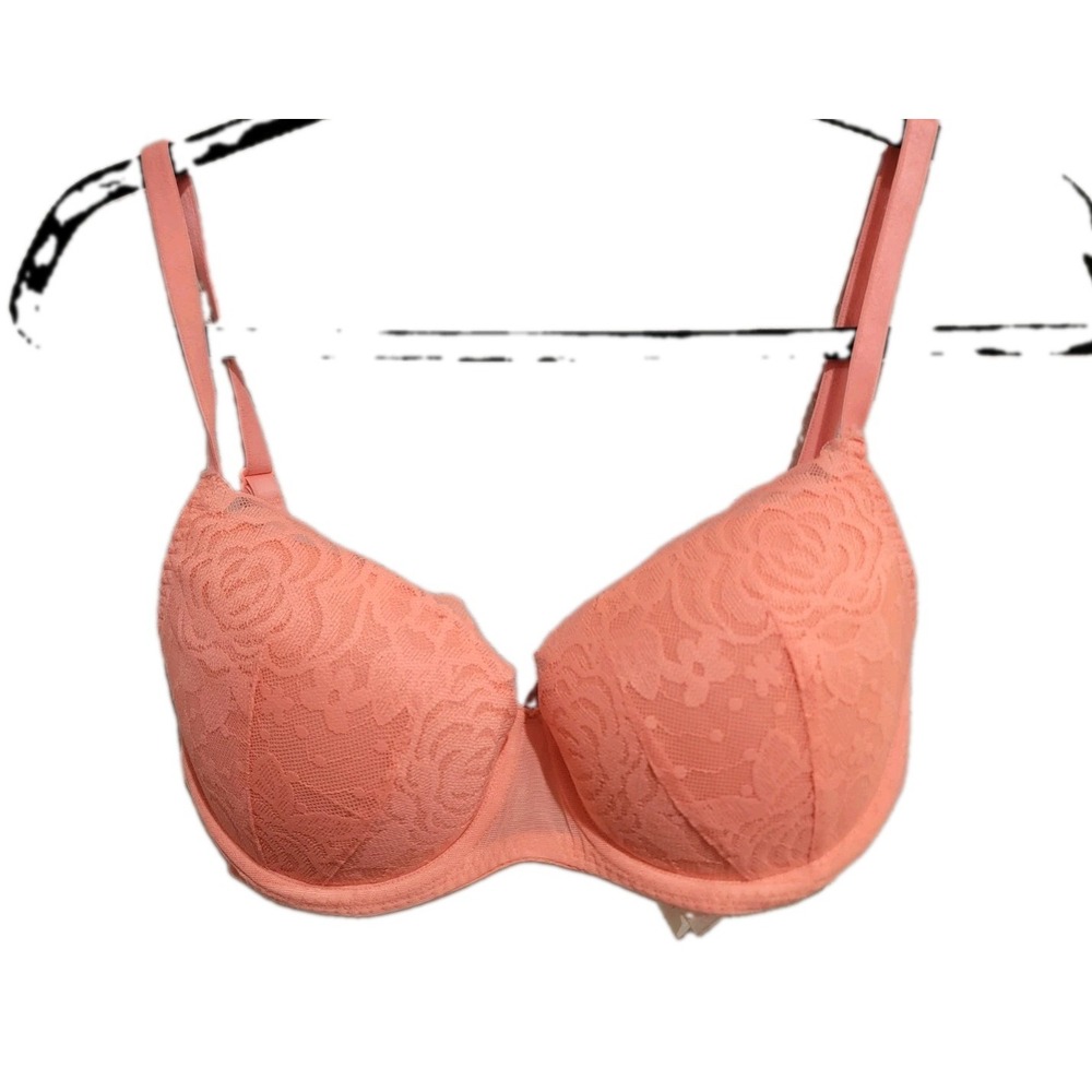 Victoria's Secret Pink Date Push-Up Bra Sz 32DD Neon Orange Lace EUC